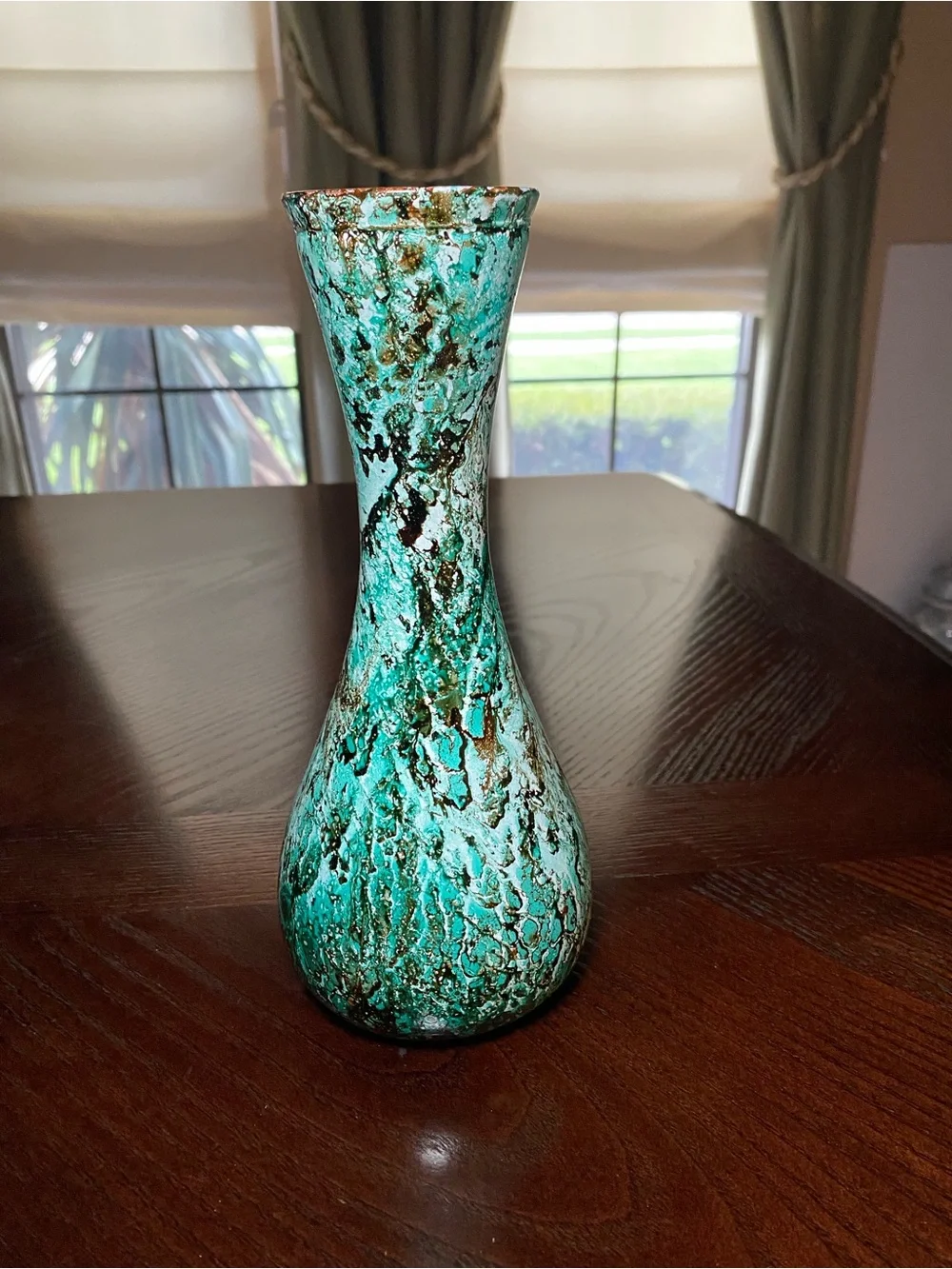 Marbled Art Glass Turquoise Green Bud Vase teardrop 9 inches tall